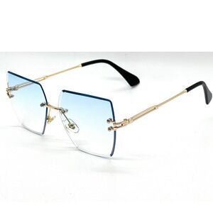 Rimless Sunglasses Women Fashion Square Blue Tinted Lens Gold Accents Luxury New